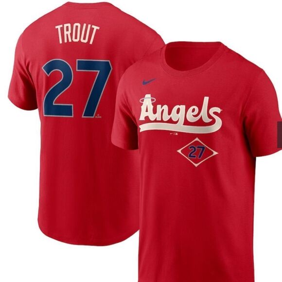 Nike‎ MikeTrout 27 Angels Nike 2022 T-Shirt - Red SZ L NWT IN PACKAGING - Picture 1 of 5